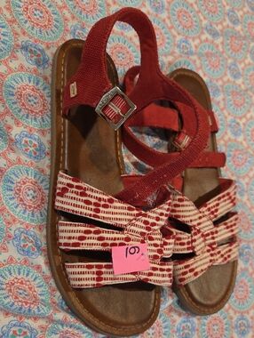 Toms Red Strappy Open-Toe Sandals with Brown Footbed